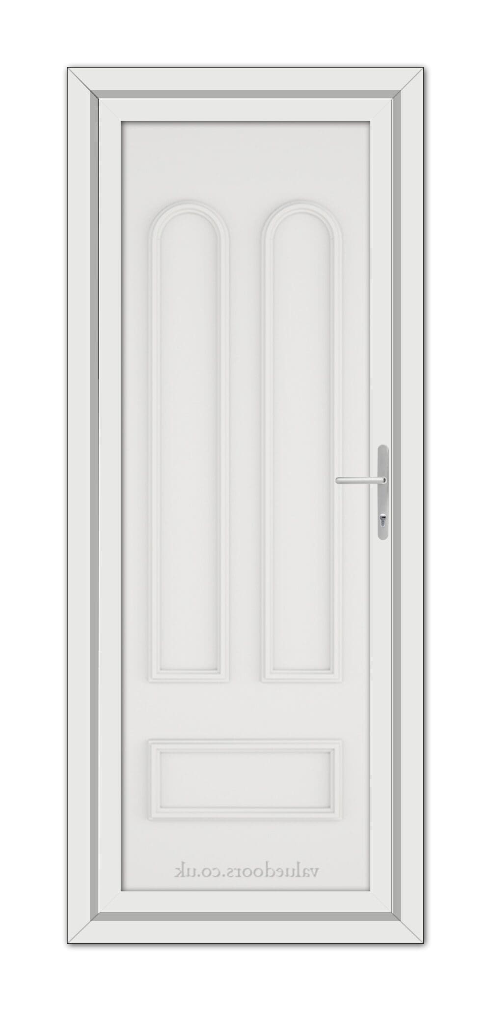 A vertical image of a closed White Madrid Solid uPVC Door with two elongated panels and a metallic handle, set within a simple frame.