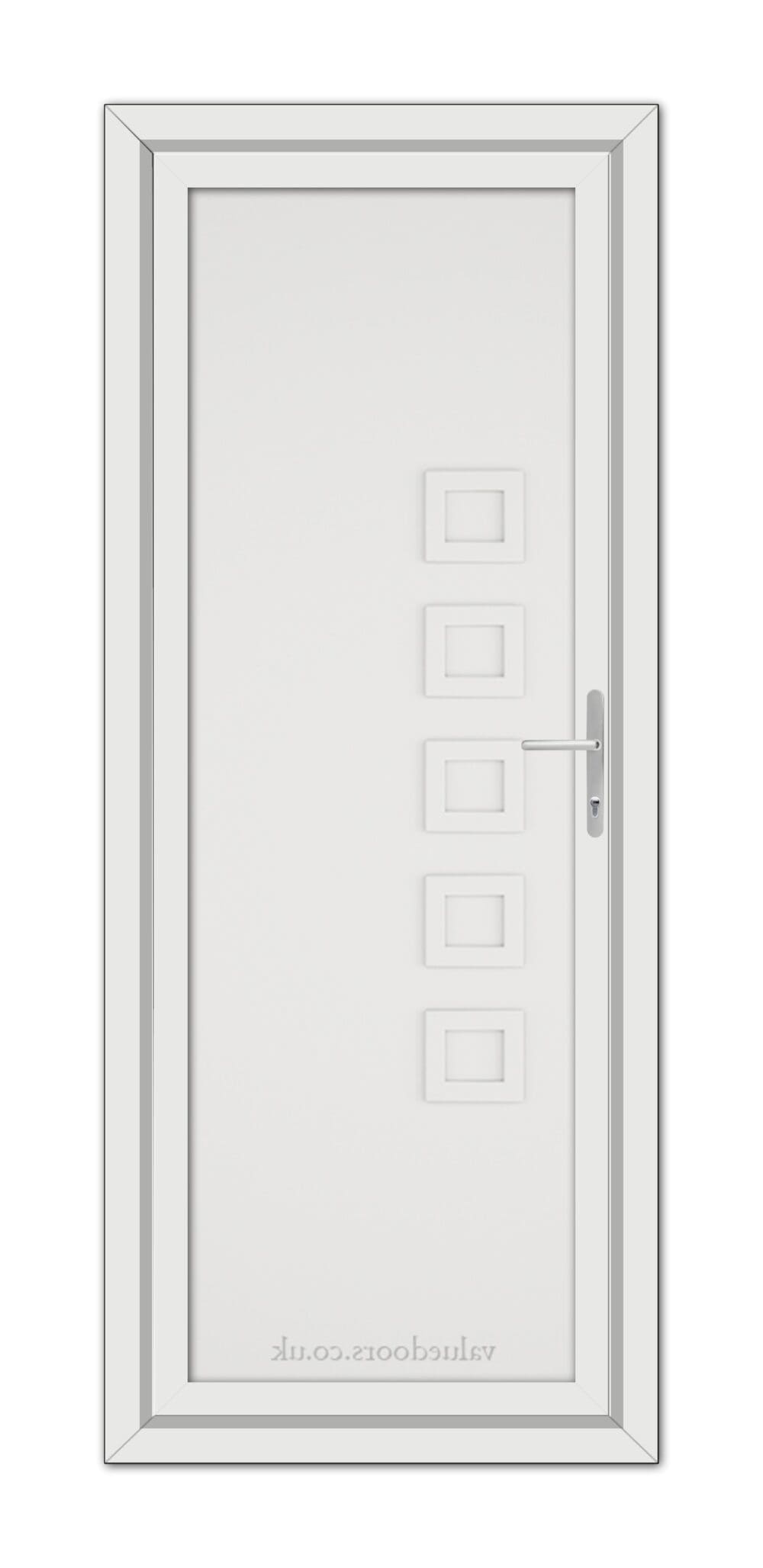 A White Malaga Solid uPVC Door with a metallic handle and multiple small square windows arranged vertically on the left side.