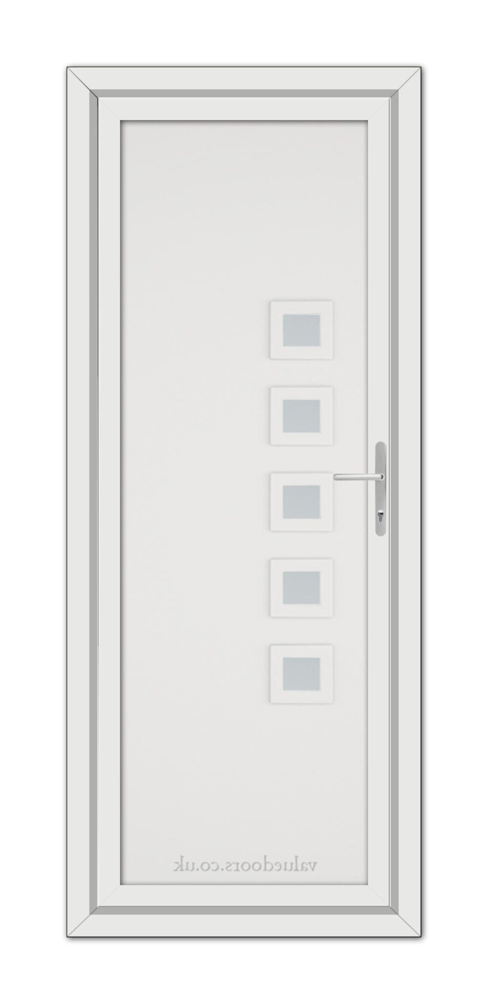 A modern White Malaga uPVC door with a silver handle, featuring five square windows aligned vertically on the left side.