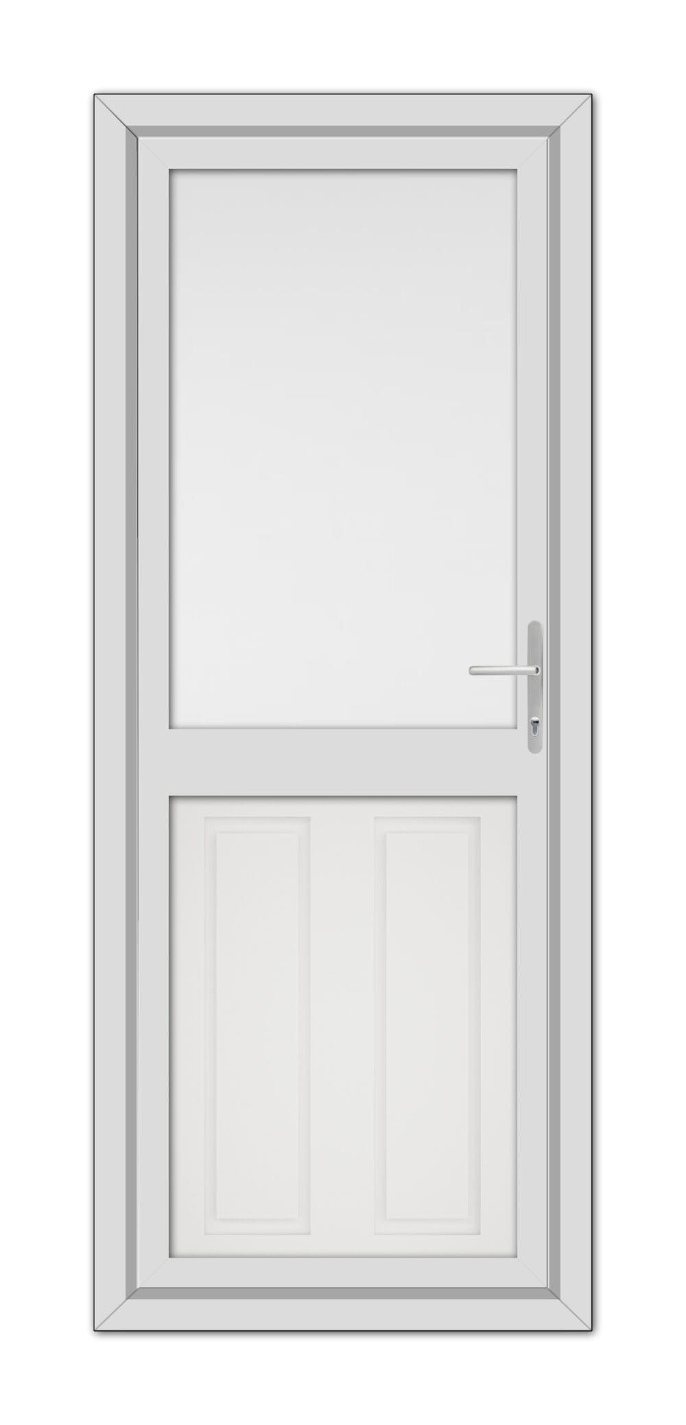 A closed White Manor Half uPVC Back Door with a small rectangular window on the top half and a metallic handle on the right side, set within a simple frame.