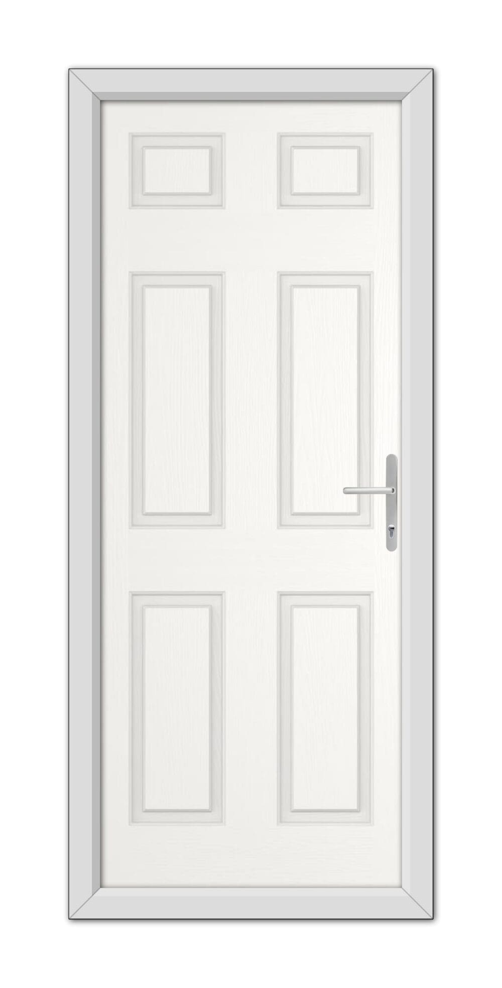 A closed White Middleton Solid Composite Door 48mm Timber Core with six panels and a silver handle, set within a simple frame.