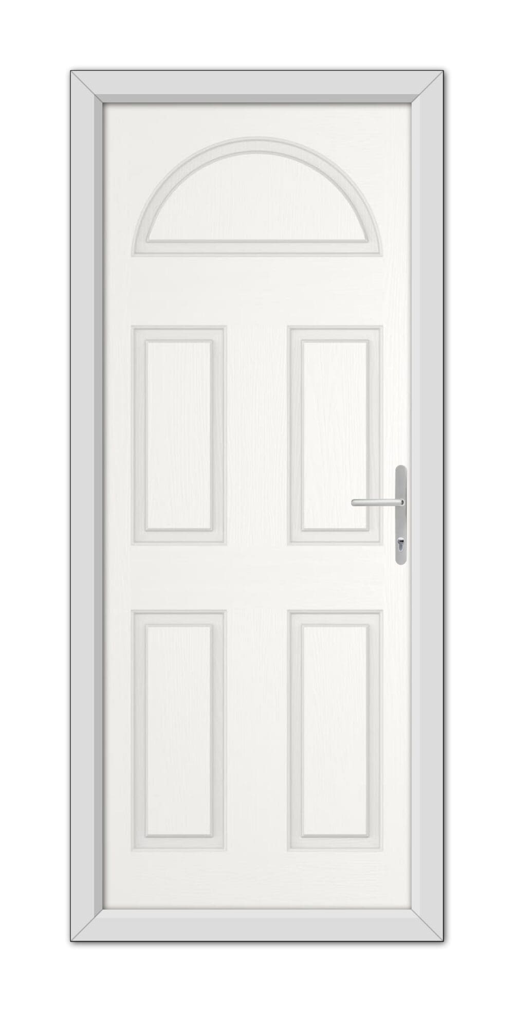 A White Middleton Solid Stable Composite Door 48mm Timber Core with an arched window at the top and a metallic handle, set within a simple frame.