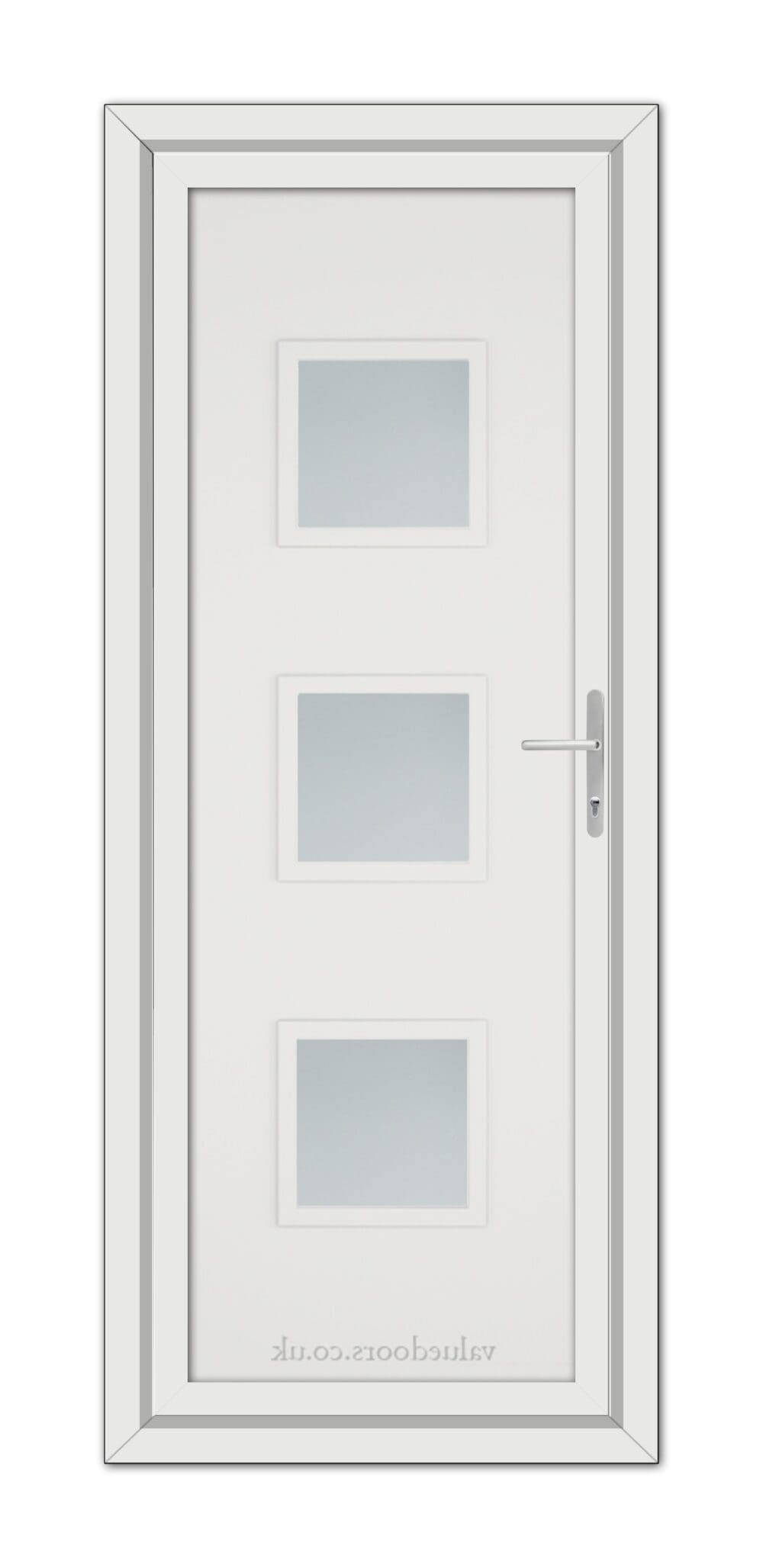 A White Modern 5013 uPVC Door featuring three frosted glass panels and a metallic handle, framed in white.