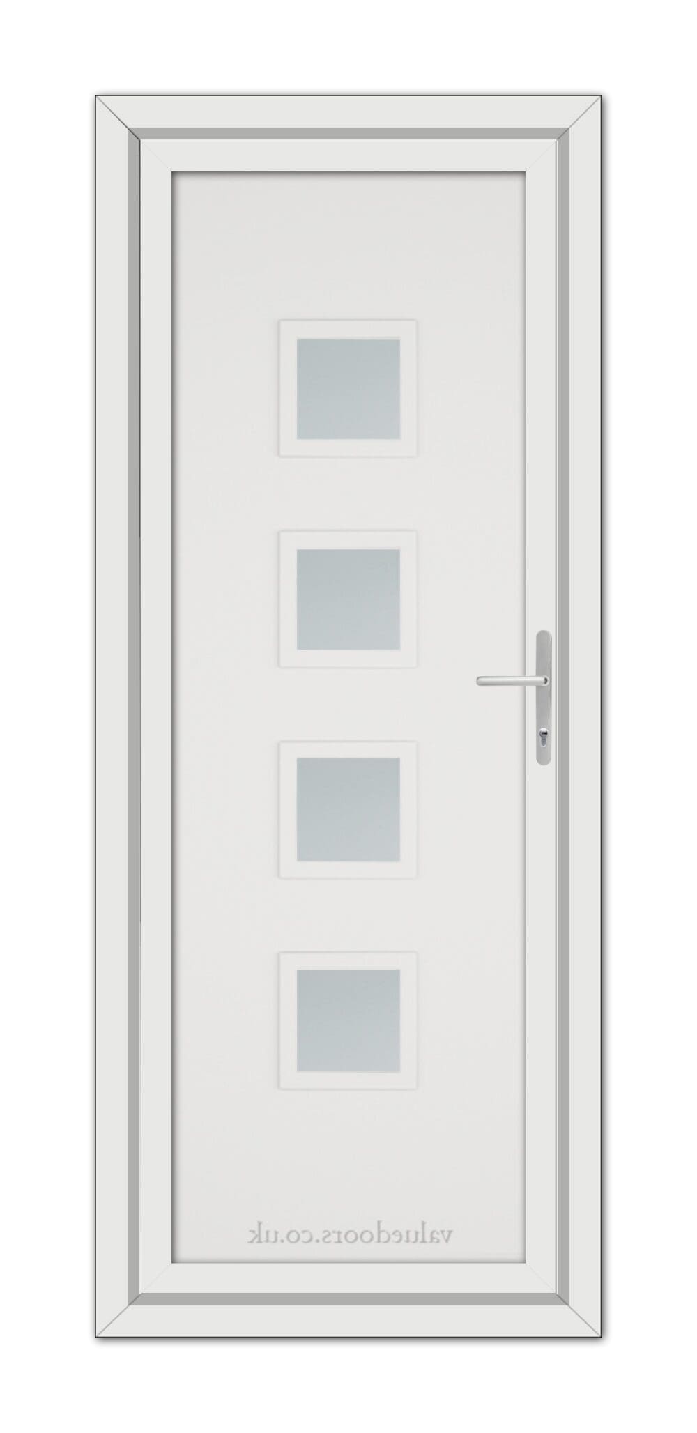 A White Modern 5034 uPVC Door with four small square frosted glass windows and a metallic handle, displayed vertically.