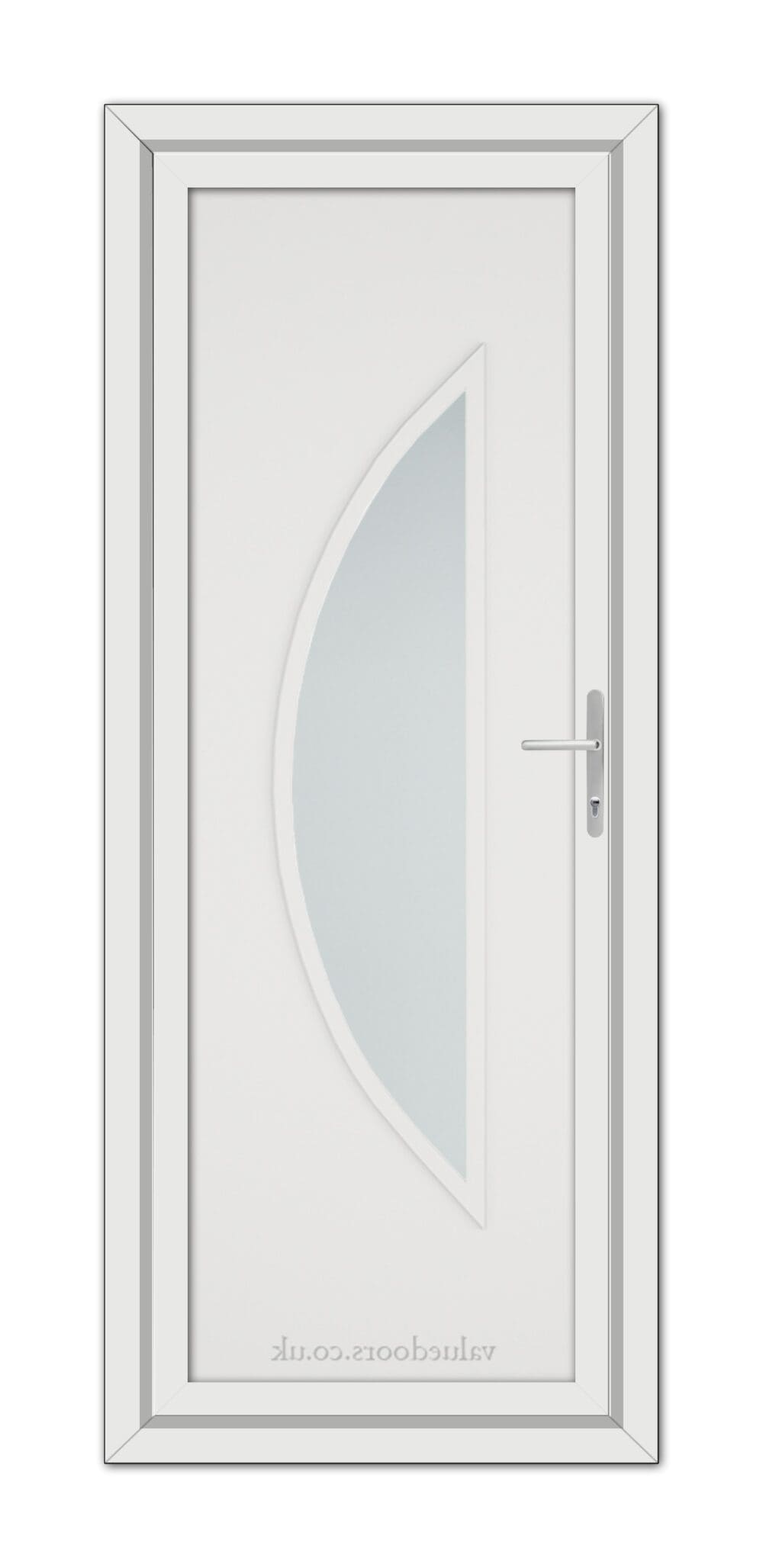 A White Modern 5051 uPVC Door featuring an asymmetrical frosted glass window and a silver handle, set within a simple frame.