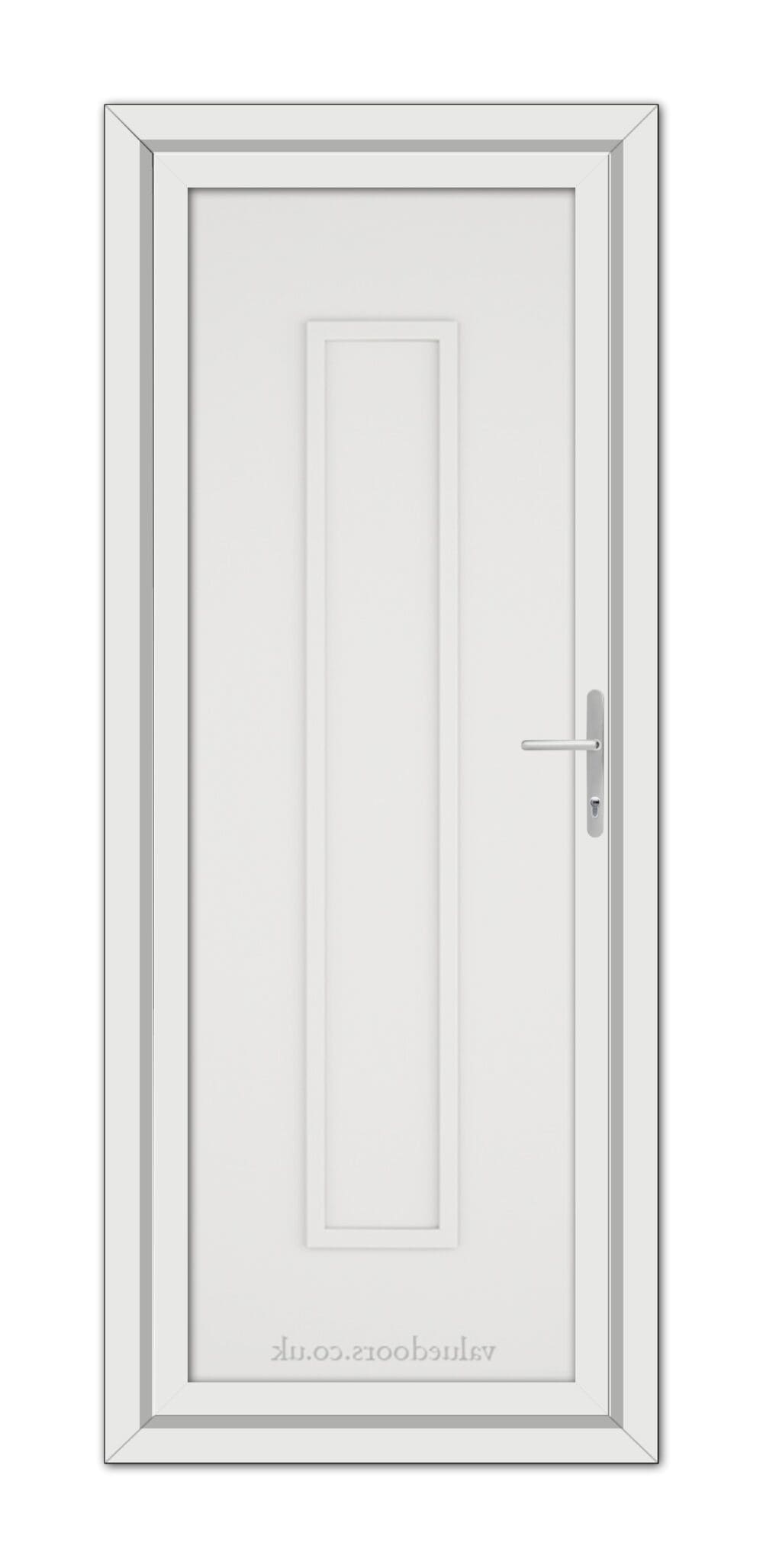 A White Modern 5101 Solid uPVC Door with a vertical rectangular glass panel and a metallic handle, viewed from the front.