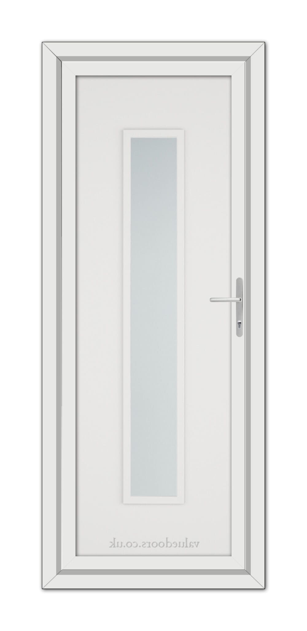 A White Modern 5101 uPVC door with a vertical, frosted glass panel and a metallic handle, displayed against a white background.