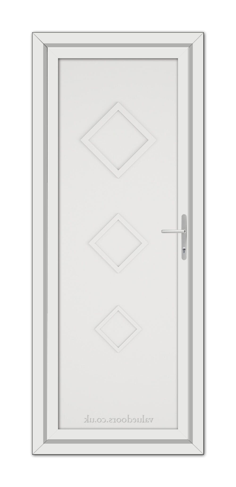 A White Modern 5123 Solid uPVC Door with three diamond-shaped panels and a metallic handle, viewed from the front.