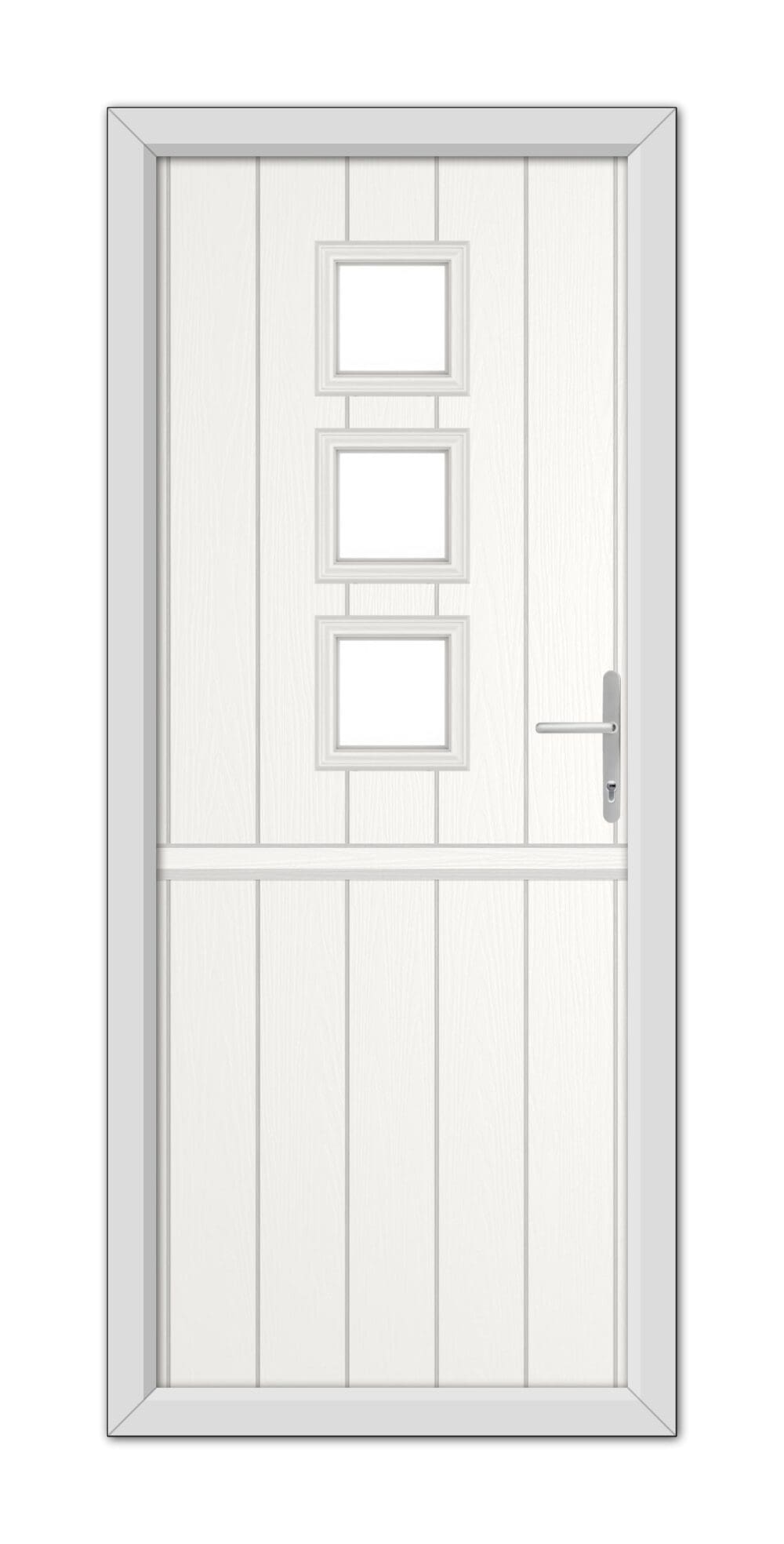 A White Montrose Stable Composite Door 48mm Timber Core with four rectangular glass panels and a metallic handle, set within a simple frame.