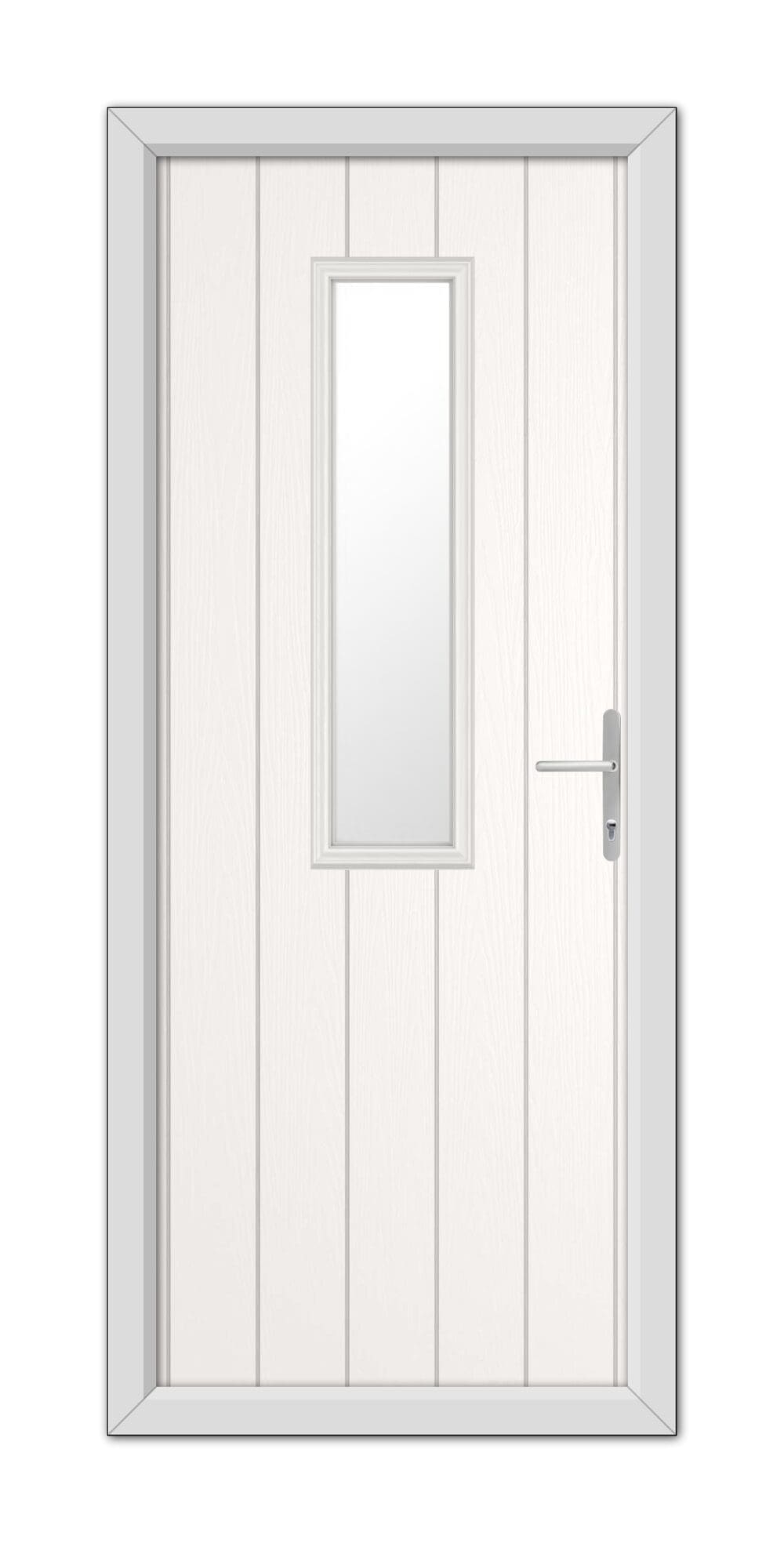 A White Mowbray Composite Door 48mm Timber Core with a vertical rectangular glass panel, framed by a simple grey door frame, with a silver handle on the right.