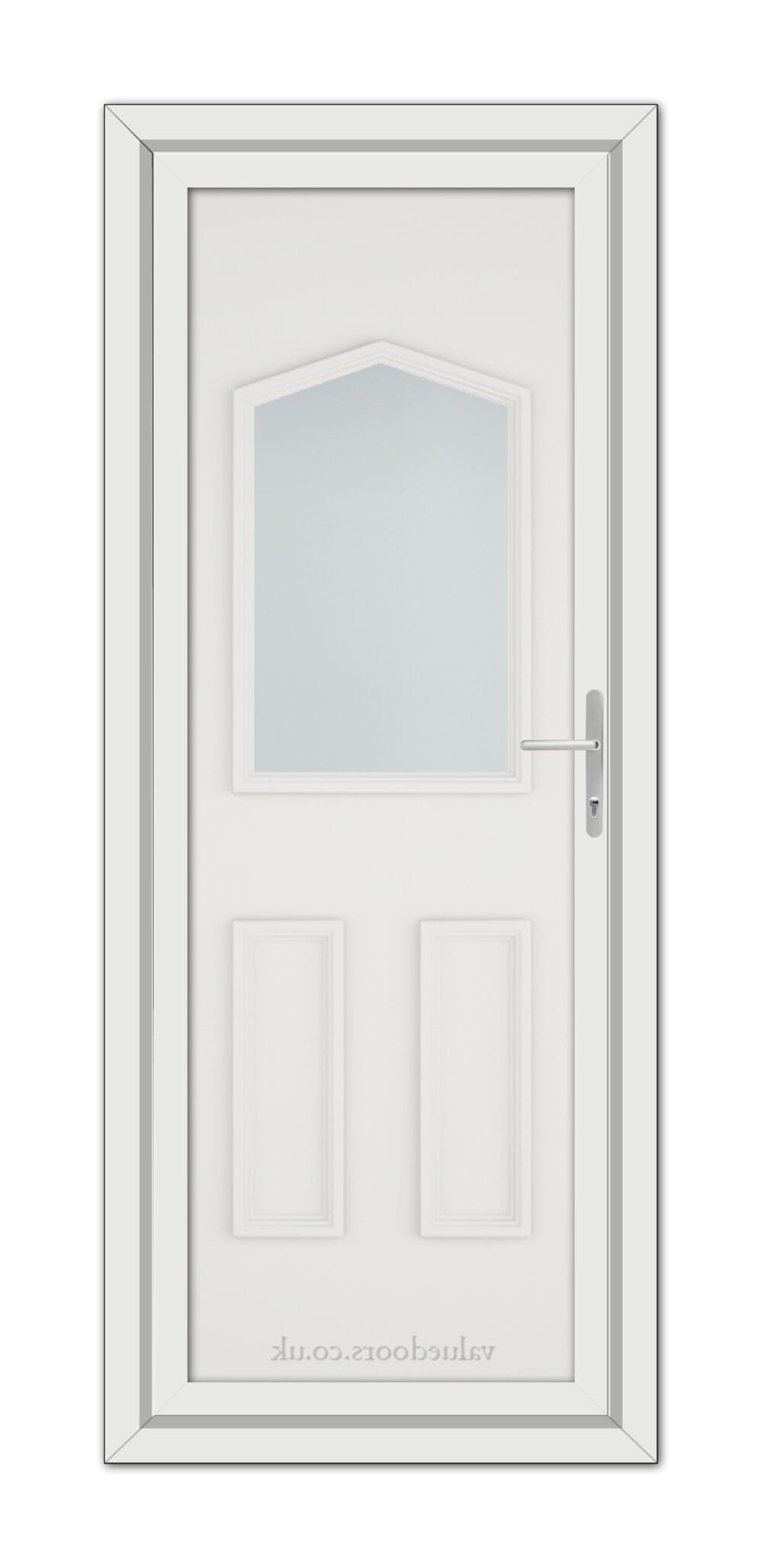 A White Oxford uPVC Door with an arched window at the top, two recessed panels below, and a metallic handle on the right.