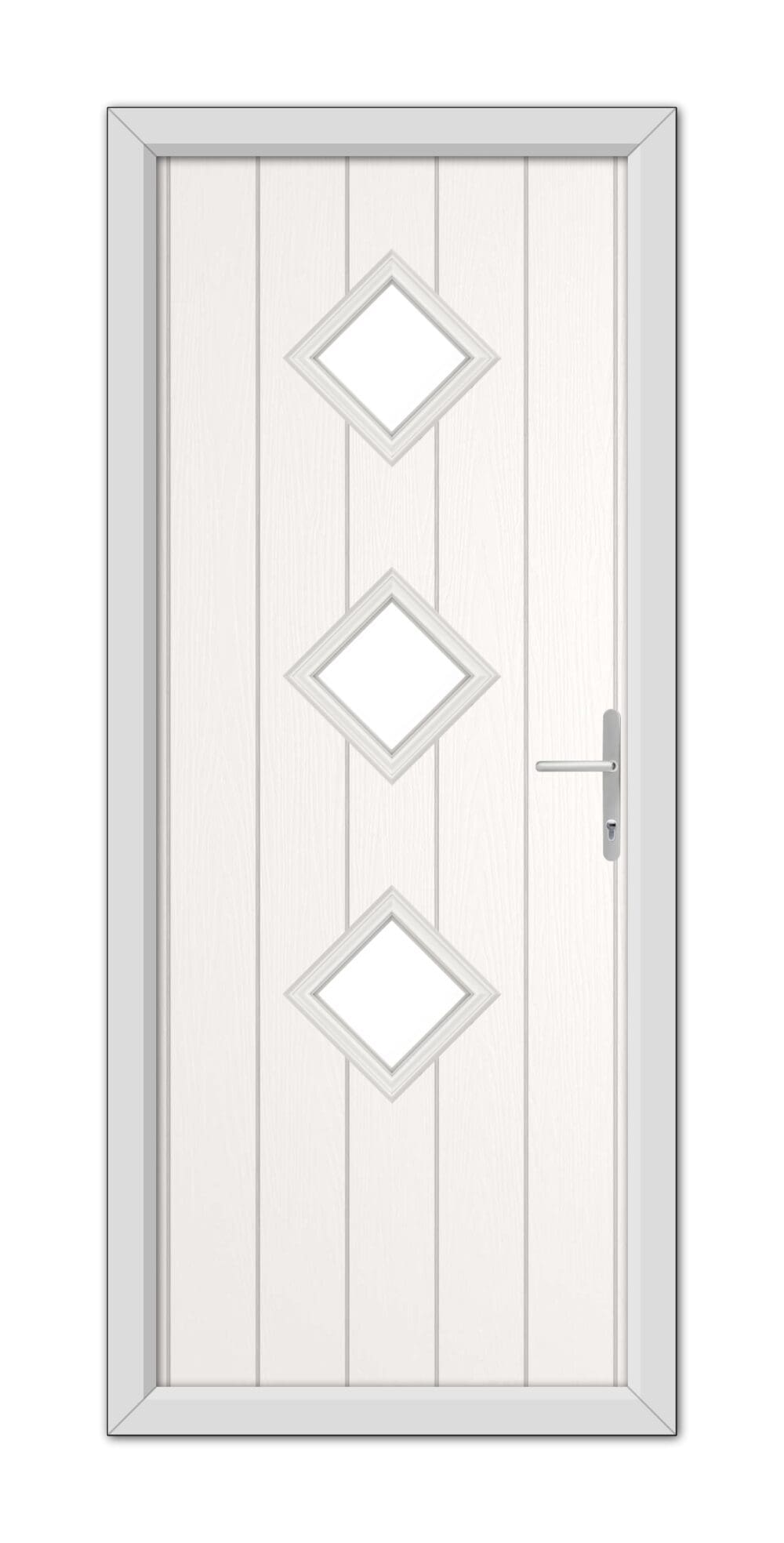 A White Richmond Composite Door 48mm Timber Core with three diamond-shaped windows and a modern handle, set within a simple frame.