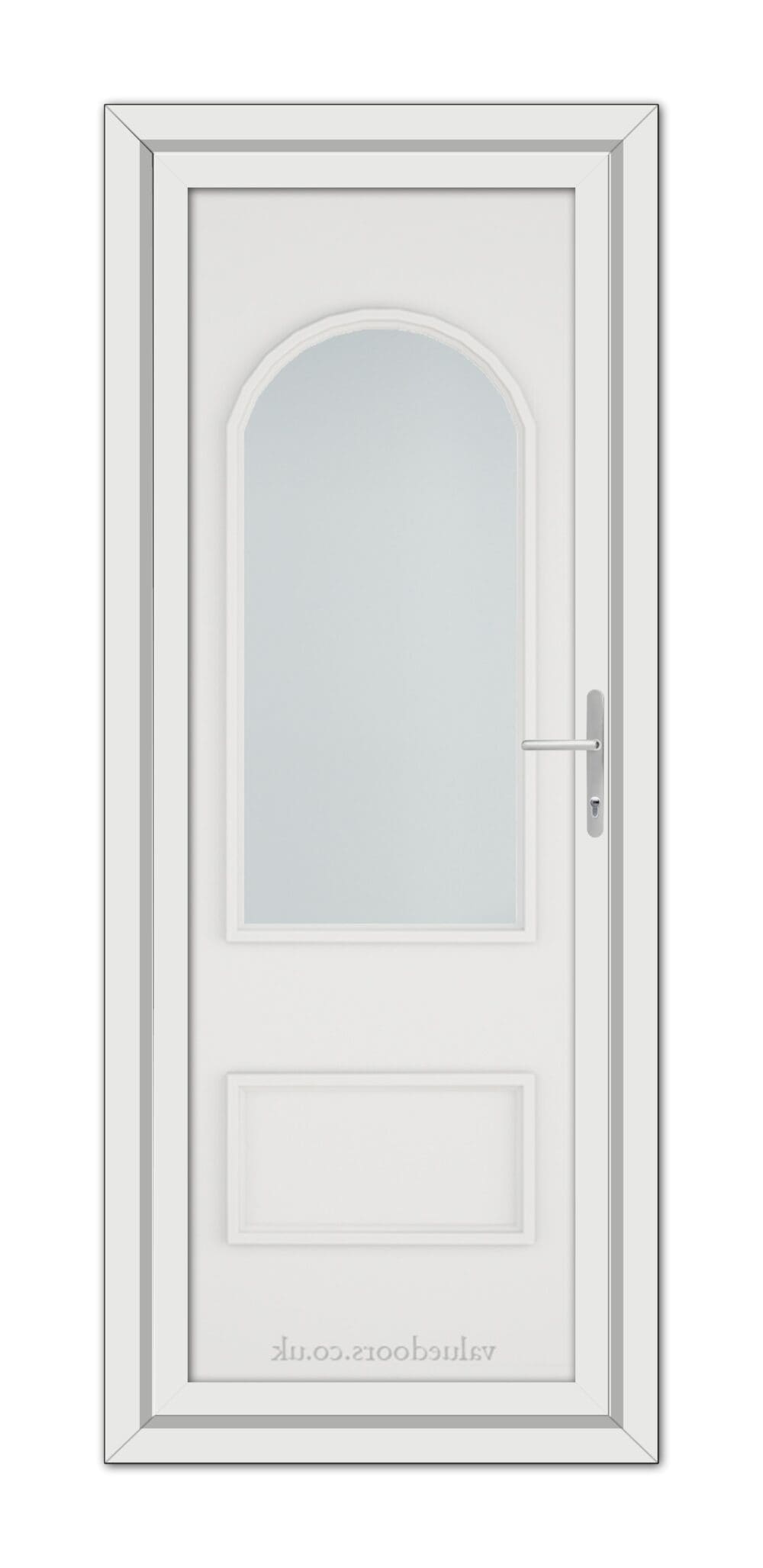 A vertical image of a White Rockingham uPVC Door with a large arched window at the top and a silver handle on the right side, set against a white background.