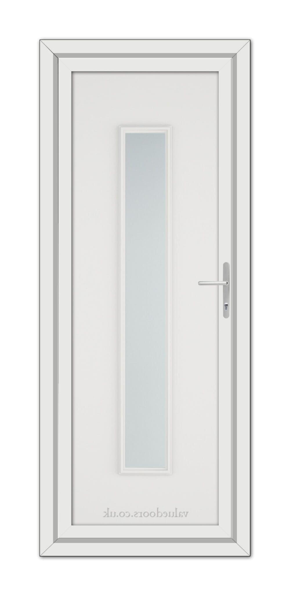 White Rome uPVC door with a vertical, frosted glass panel and a silver handle, set in a simple frame, viewed from the front.