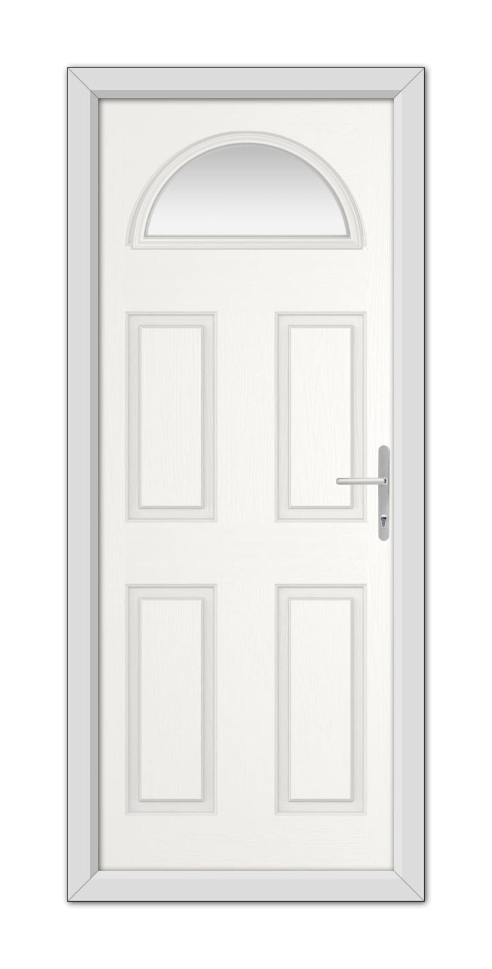 White Seville Solid uPVC door with six panels and an arched window, featuring a stainless steel handle, isolated on a white background.