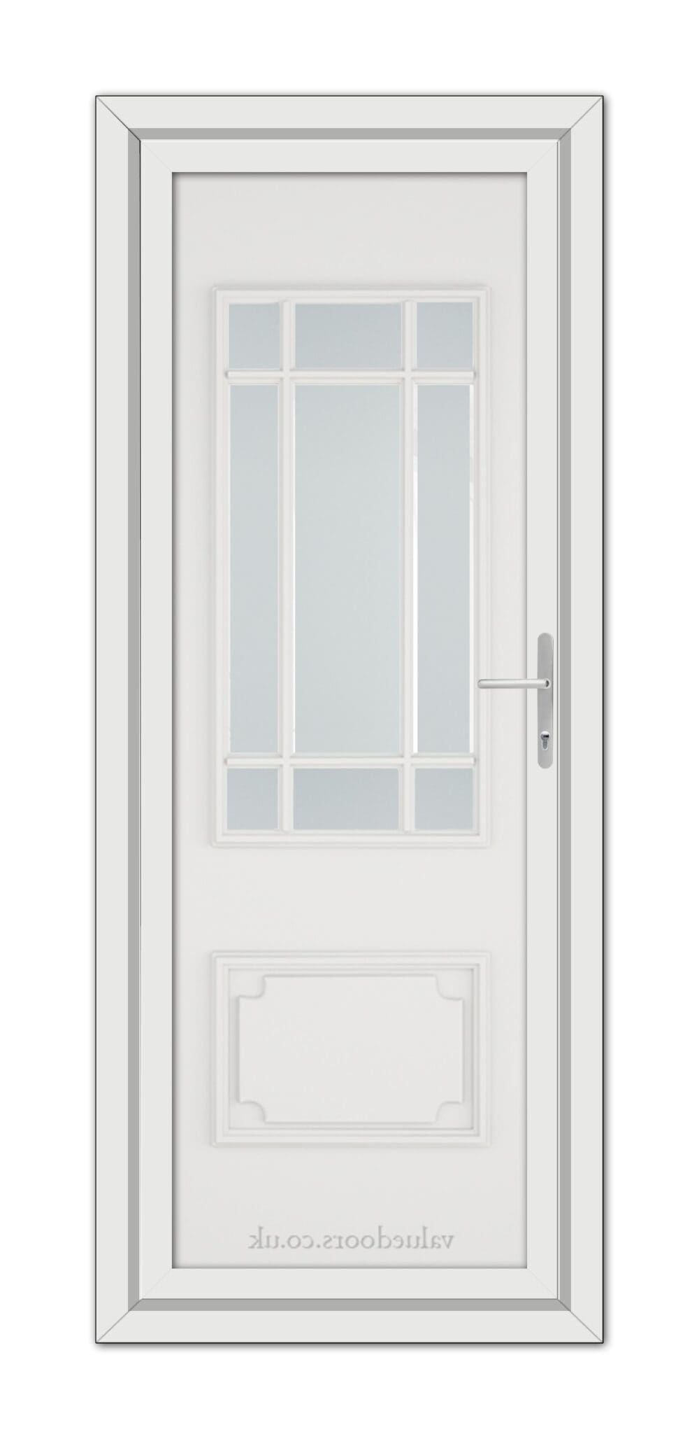 A White Seville uPVC Door featuring a vertical window with multiple glass panes near the top and a molded panel at the bottom, set in a simple frame.