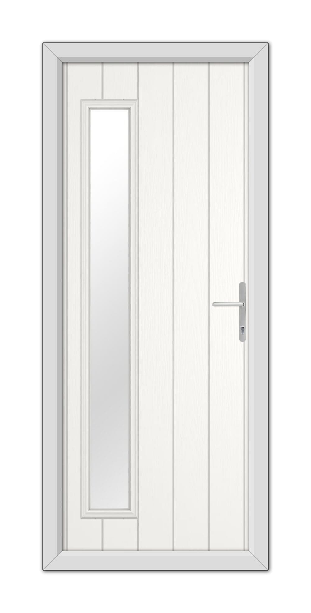 A White Sutherland Composite Door 48mm Timber Core with a vertical handle and a narrow vertical window on the left side, set in a grey frame.