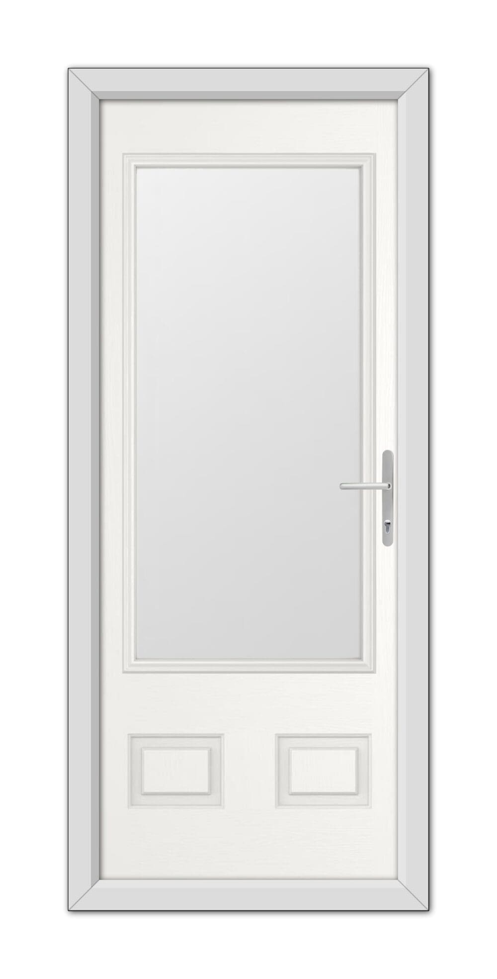 A White Walcot Composite Door 48mm Timber Core with a metal handle, framed within a simple molding, featuring a rectangular panel at the bottom and a larger frosted glass window.