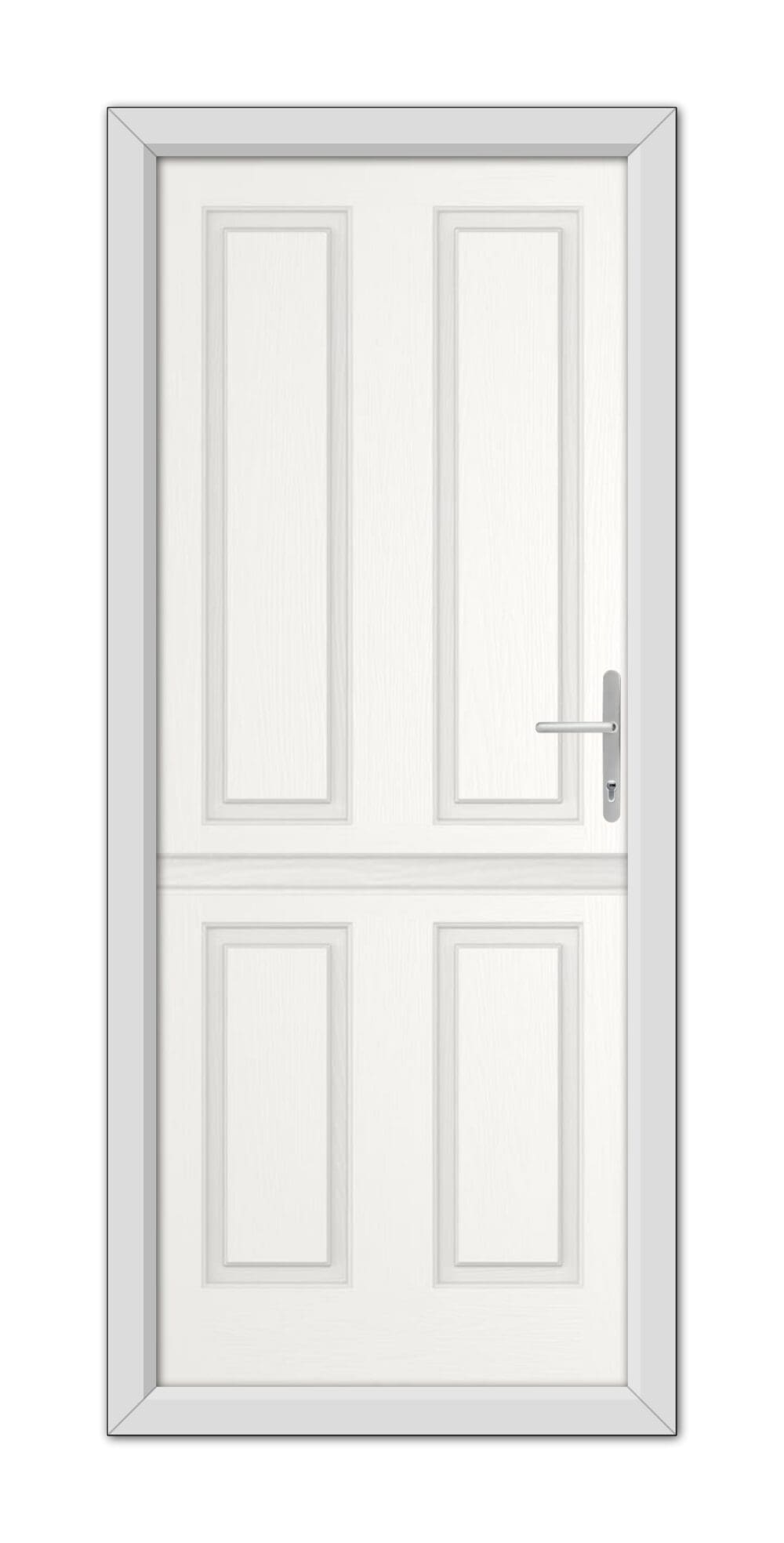 A closed White Whitmore Solid Stable Composite Door 48mm Timber Core with a metal handle, set within a simple frame, viewed head-on against a white background.