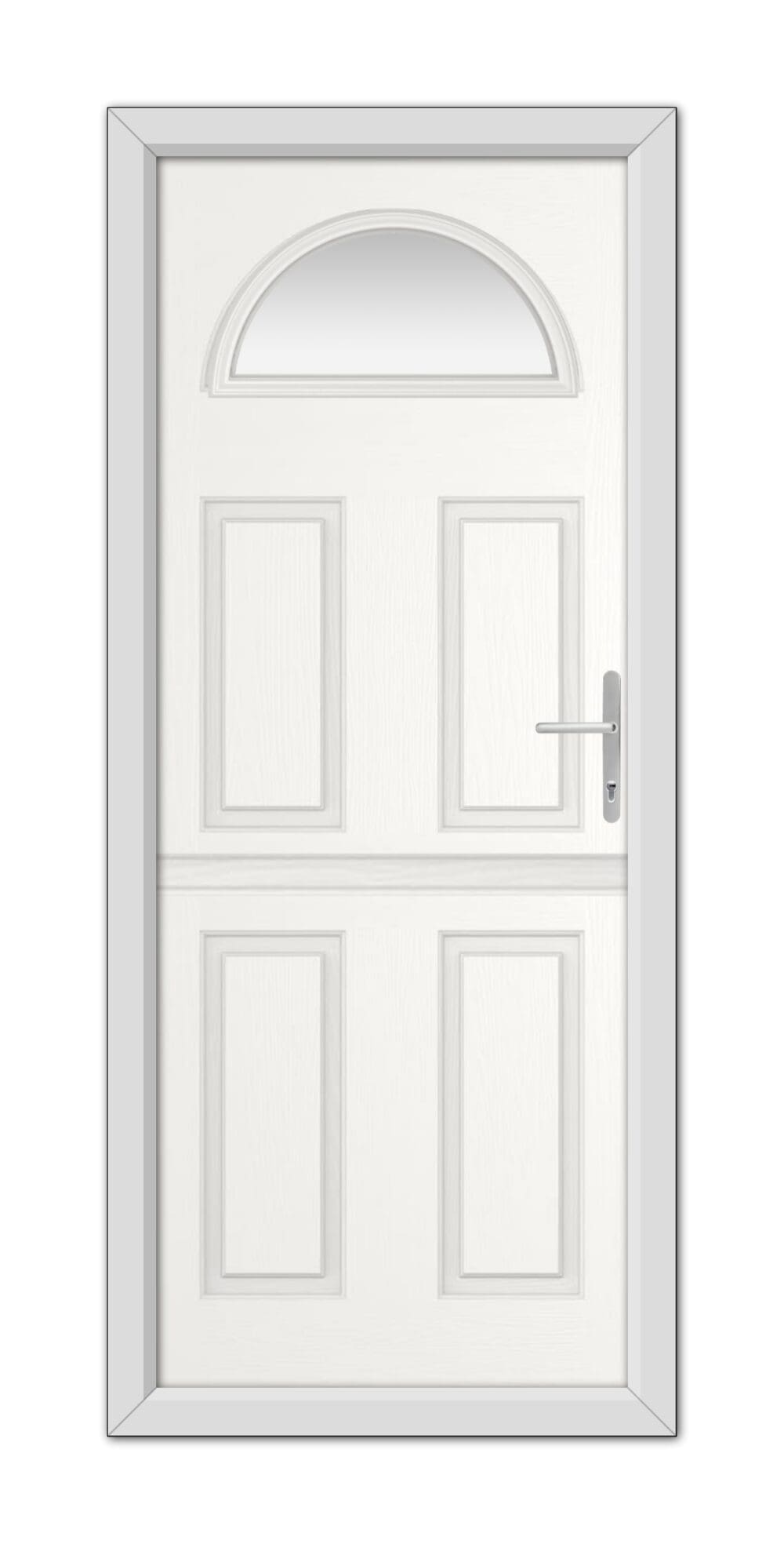 A White Winslow 1 Stable Composite Door 48mm Timber Core with six panels and a semicircular translucent window at the top, featuring a metal handle on the right side.