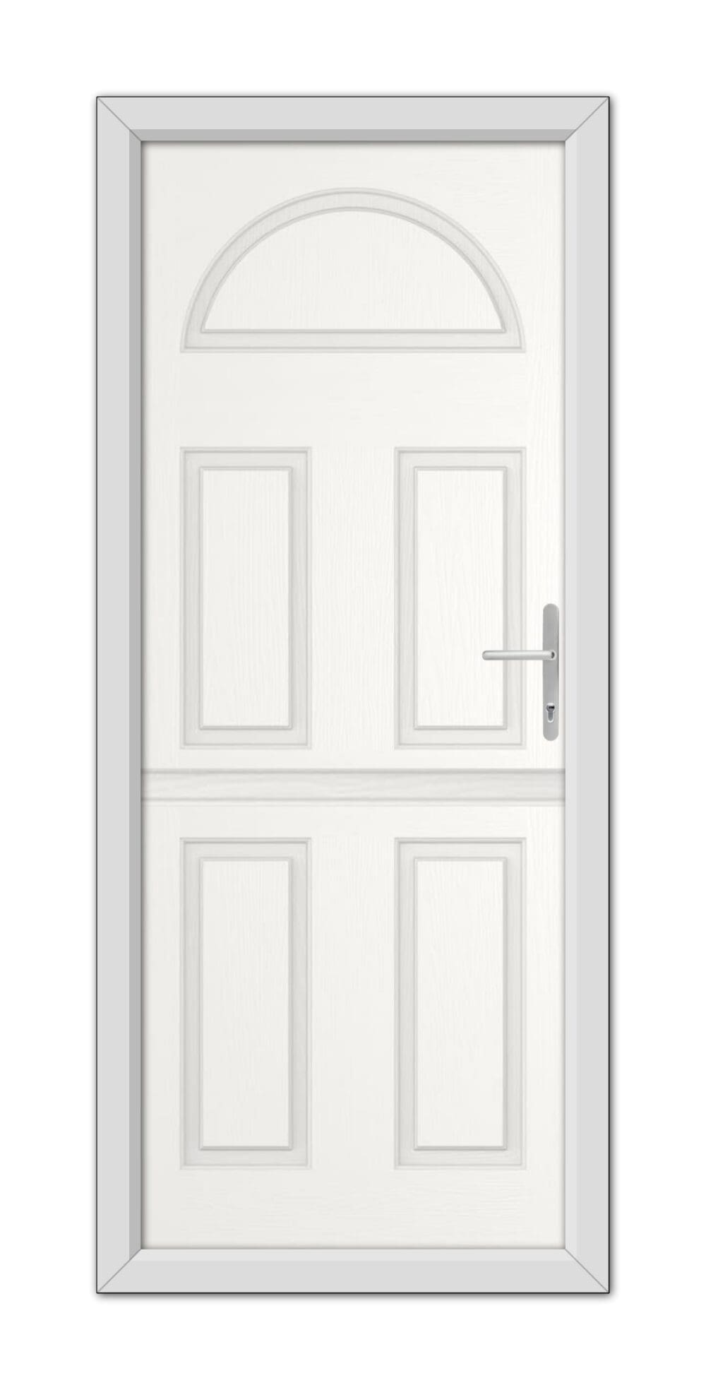 A White Winslow Solid Stable Composite Door with a semicircular arch window at the top and a modern handle, set in a plain frame.