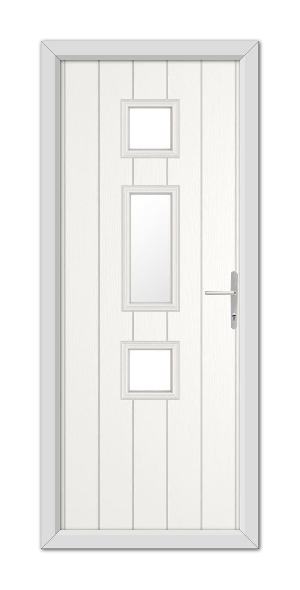 A White York Composite Door 48mm Timber Core featuring three rectangular frosted glass panels arranged vertically and a stainless steel handle, set within a simple frame.